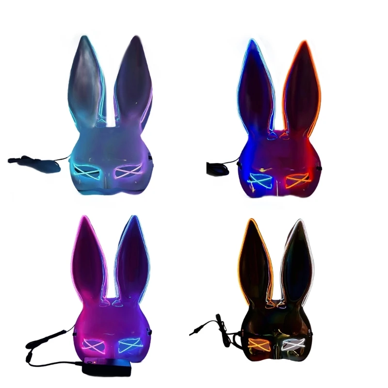 Demi-masque lapin à lumière LED pour Halloween, masque lumineux à LED pour femmes, mascarade d'halloween, fête à thème