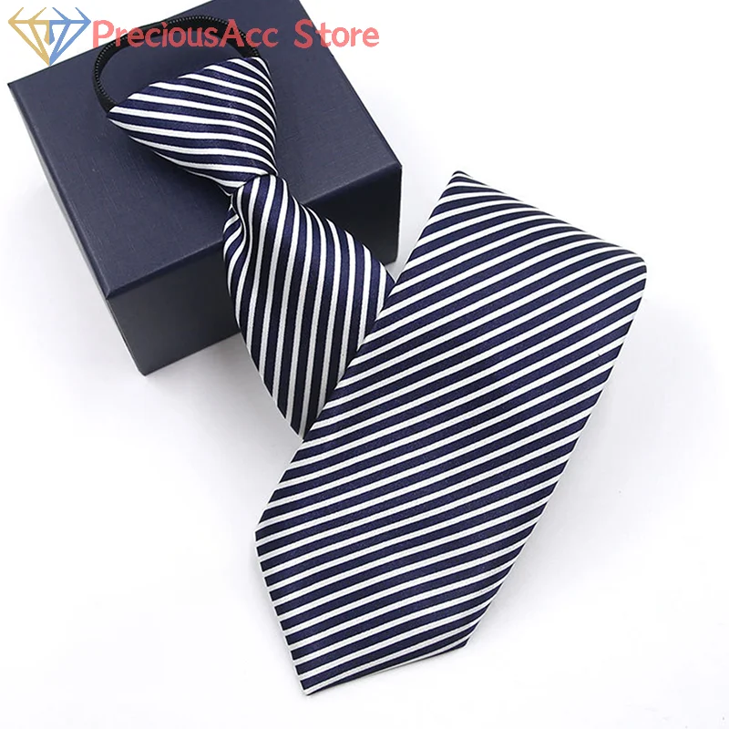 8CM Striped Lazy Ties Elegant Blue Black Red Men Shirt Business Dress Zipper Tie Neckties Accessories Wedding Groom