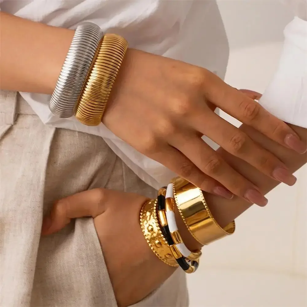 Waterproof Stainless Steel Texture Flex Snake Chain Cuff Bracelet  Retro Elasticity Thick Metal Polish 18K Gold Plated Bangle