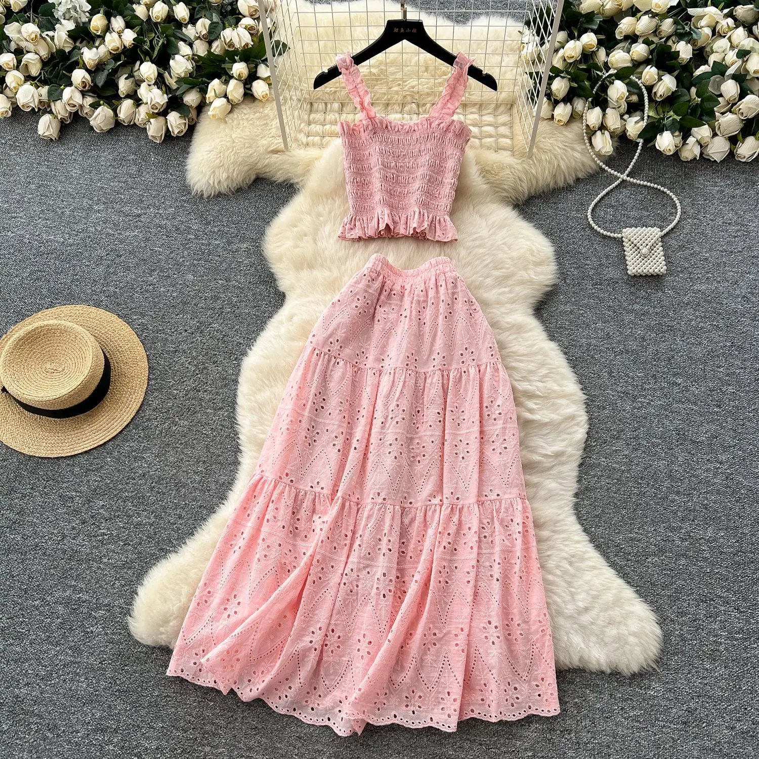 Skirt Set Women 2 Piece Sets Sling Top Long Skirts Ruffles A Line Elastic Waist Y2k Streetwear Elegant Vacation Hollow Out Beach