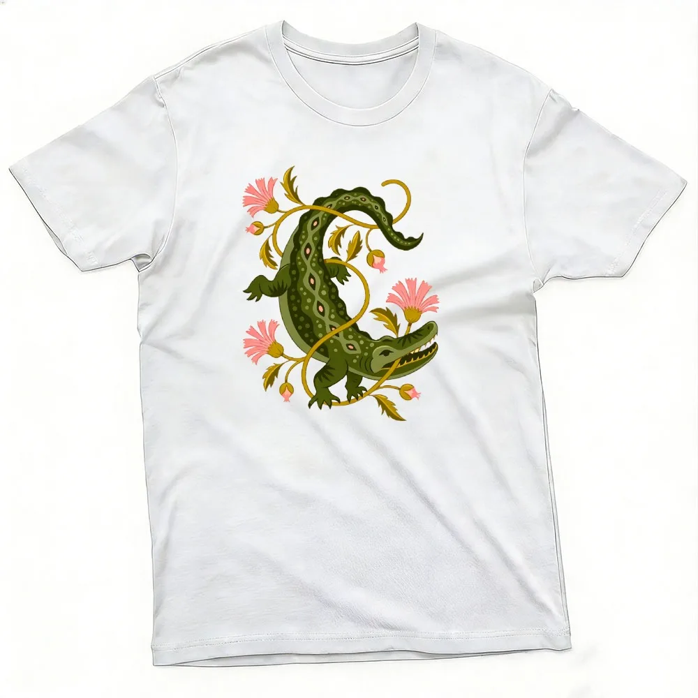 Pink Flower Twisted Green Alligator Men T Shirt Summer Exotic Reptile Nature Tee Botanical Wildlife Illustration Tops