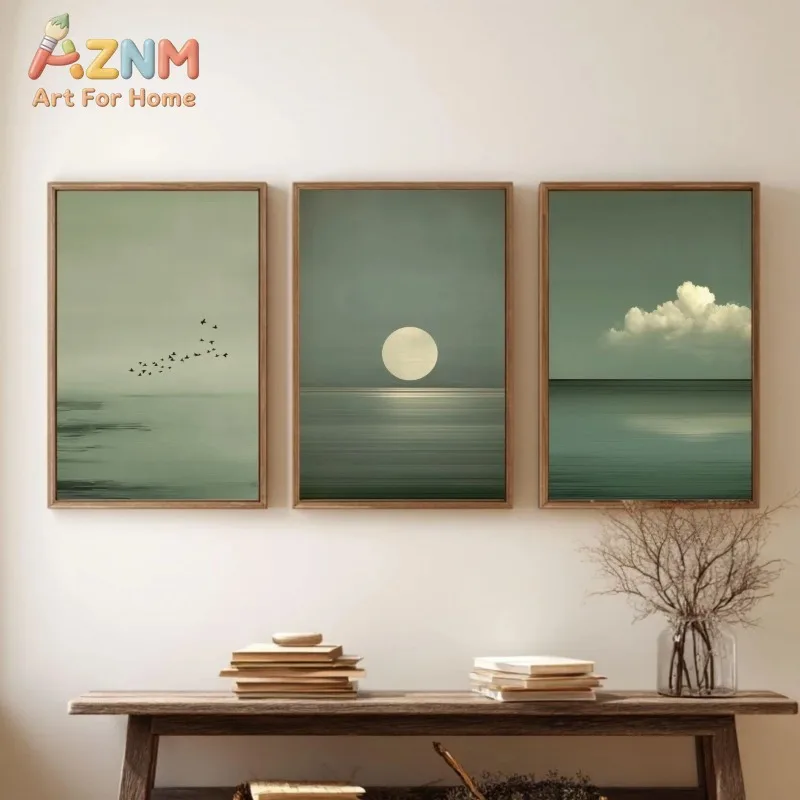 Sage Green Ocean Wall Art Set of 3, Minimalist Sea Moon Bird Cloud Canvas Prints, Calm Neutral Landscape Poster, Unframed Living