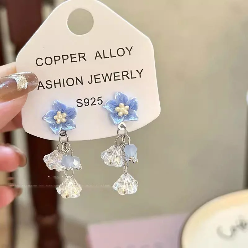 Sweet Fresh Forest Blue Flower Crystal Tassel Earrings For Women Temperament Dropped Glazed Petals Earrings Banquet Jewelry Gift