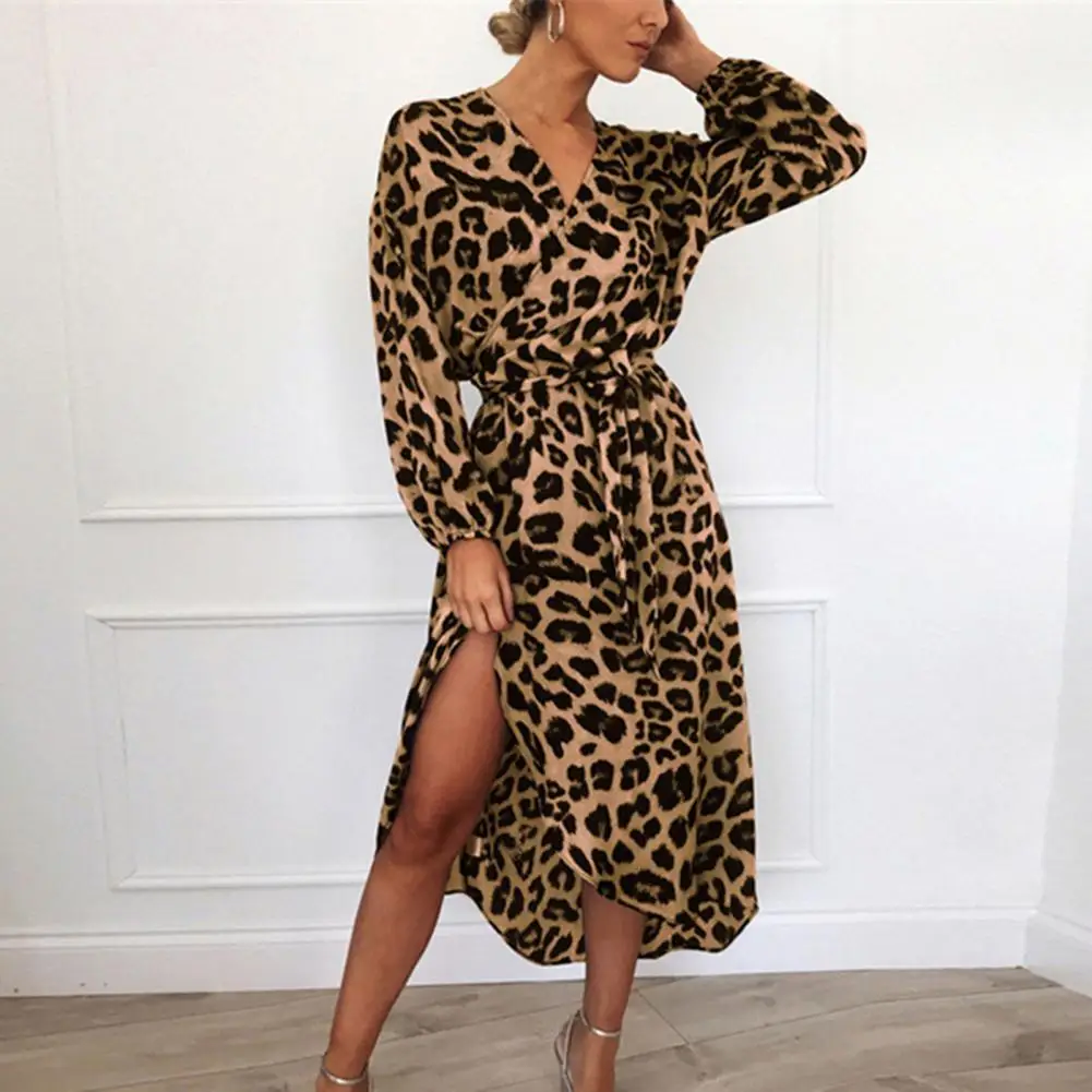 Women Leopard Print Dress Leopard Print V Neck Spring Dress with Lace-up Waist Elegant Midi Length for Women Soft Comfortable