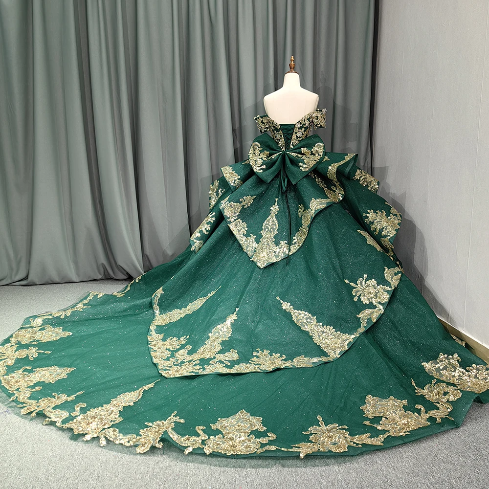 Green Sweet 15 16 Quinceanera Dresses Ball Gown Gold Lace Birthday Party Dresses 5841-1