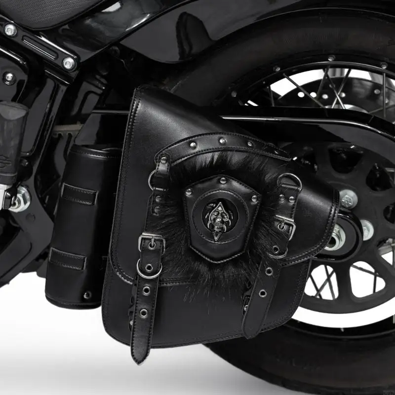 Motorcycle Saddlebag Pair with Buckle Strap Flap and Studded Hardware, Retro Side Storage Bag Set with Skull Badge for Road D7YA