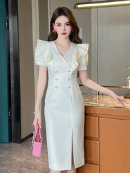 Fashion Elegant Formal Dress Women Clothes Professional OL Ruffle Sleeve Double Breasted Slim Fit Robe Business Party Vestidos