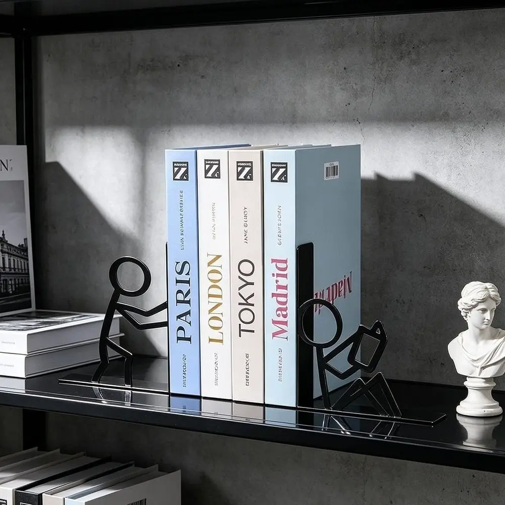 1Pair Funny Iron Art Metal Bookends Stick Figure Human Shape Book Holder Decorative Book Stand Home Office Desk