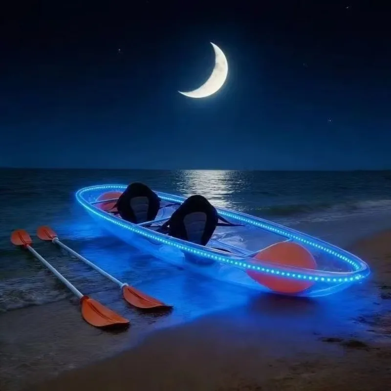 2.44m/3m/3.36m Double PC Transparent Kayak with LED Lights, Waterproof Clear Bottom Boat for Outdoor Sightseeing