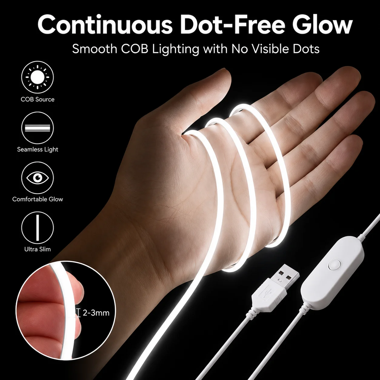 3mm Ultral Thin Flexible LED Tape, 5V COB LED Strip Light Dotless LED Light COB LED Strip Light Dotless Flexible LED Tape Lights