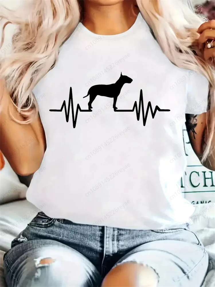 レディースTシャツ ブルテリアプリント クルーネックTシャツ ヴィンテージTシャツ 女性用Tシャツ Y2Kトップ 半袖トップ カジュアルTシャツ