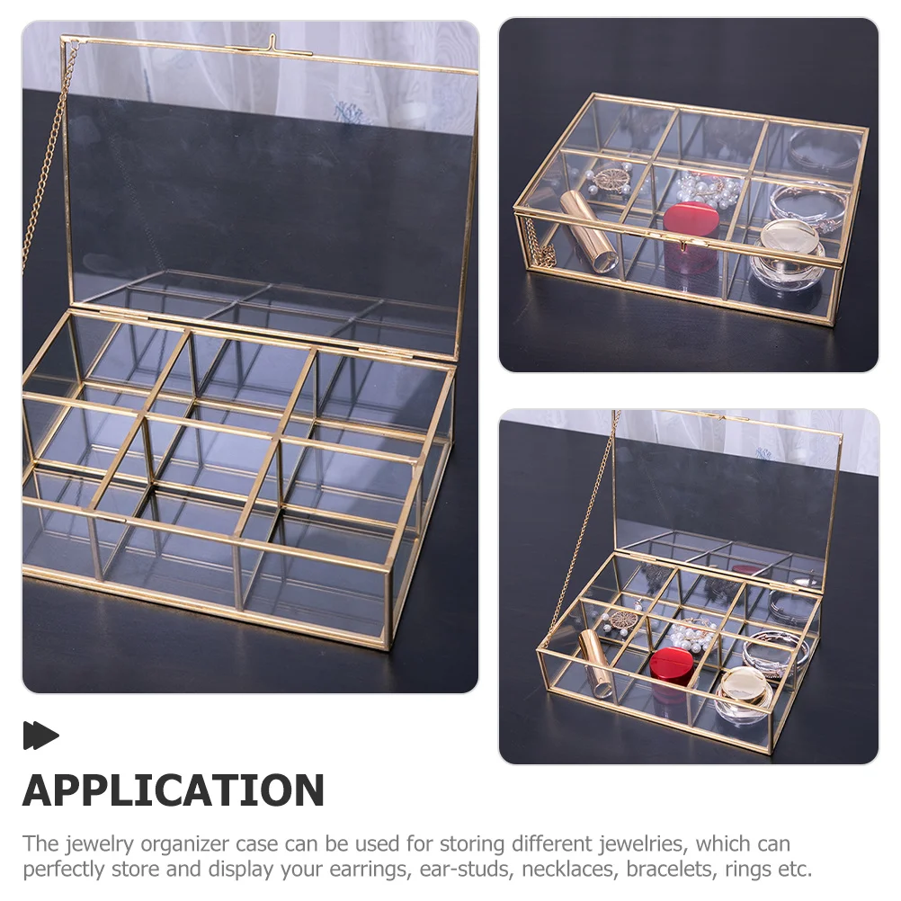 

Vintage Copper Frame Glass Grid Storage Box Jewelry Organizer For Earrings Necklaces Rings Bracelets Display Case
