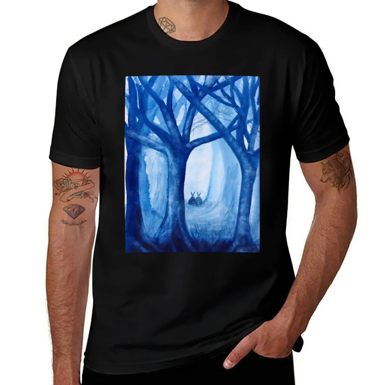 Woodland Bunnies Watercolour Painting T-Shirt Modern Print Casual T-Shirt