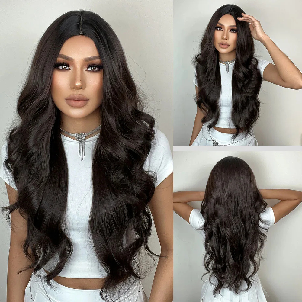 Black Synthetic Hair Wigs for Women Middle Part Long Beach Wave Daily Use Wigs Natural Looking High Temperature Fiber