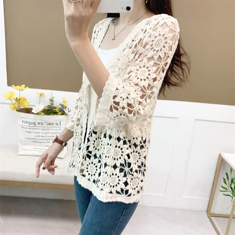 2024 New Spring And Summer Popular Knitted Sweater Cardigan Female Thin Hollow Lace Shirt Outer Sun Protection Shawl