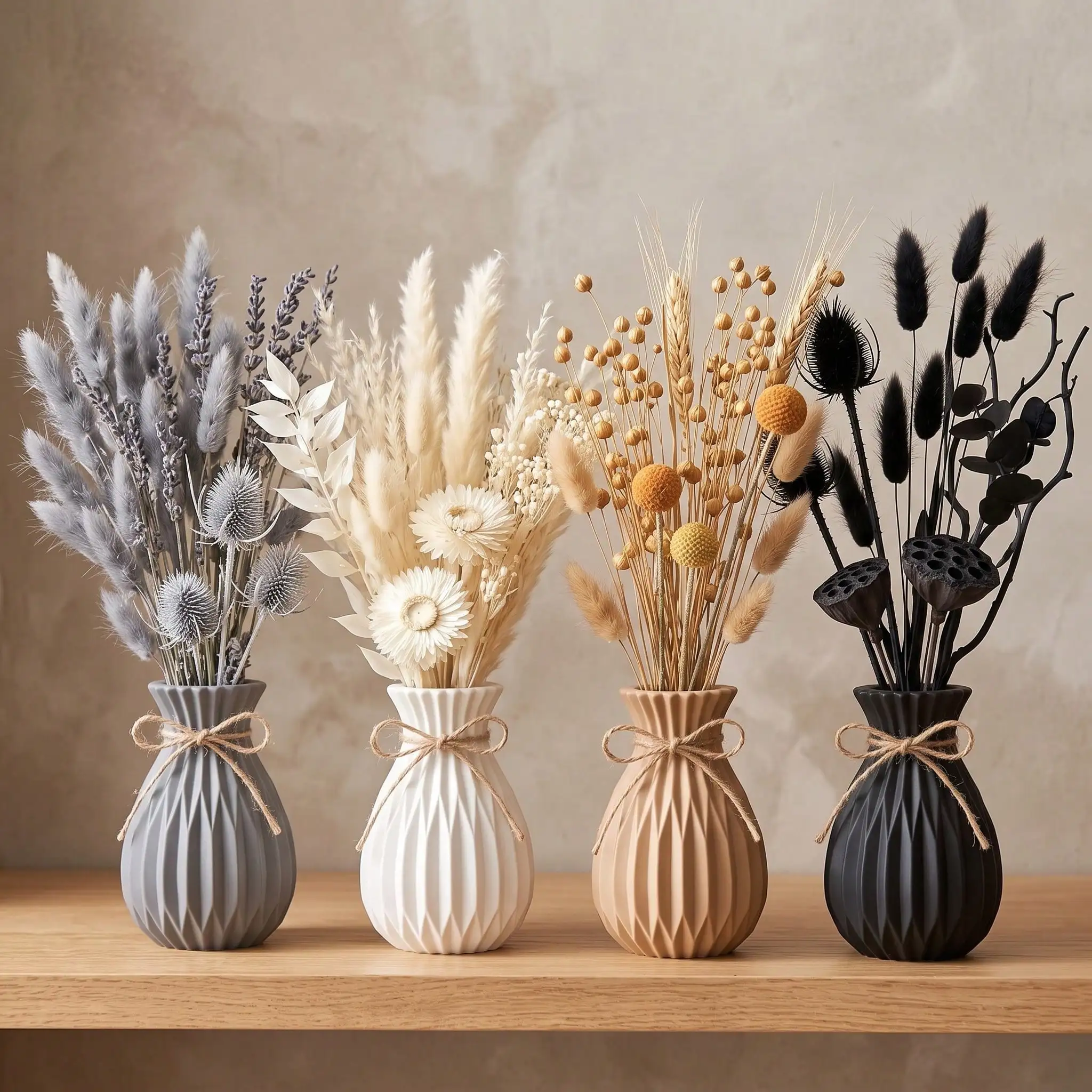 1pc Modern Boho Diamond Pleated Flower Vase with Jute Bow for Pampas Grass Dried Flowers Home Bedroom Office Wedding Table Decor
