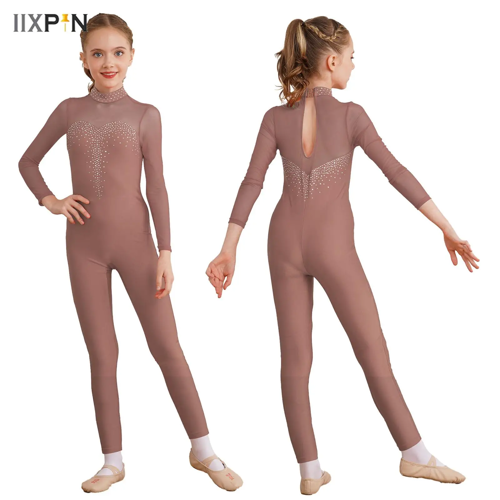 

Girls Rhinestone Gymnastic Jumpsuits Long Sleeve One Piece Suit for Artistic Yoga Bodysuit Figure Skating Ballet Dance Costumes