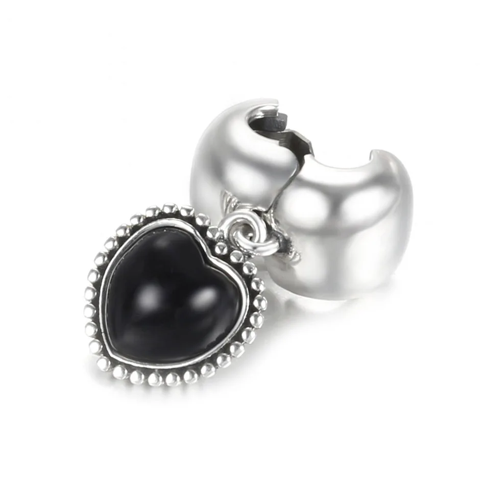 Black Enamel Heart Pendant Clip Charm Fit Women Bracelet & Bangle DIY Jewelry Authentic S925 Sterling Silver Bead Girl Gift 2