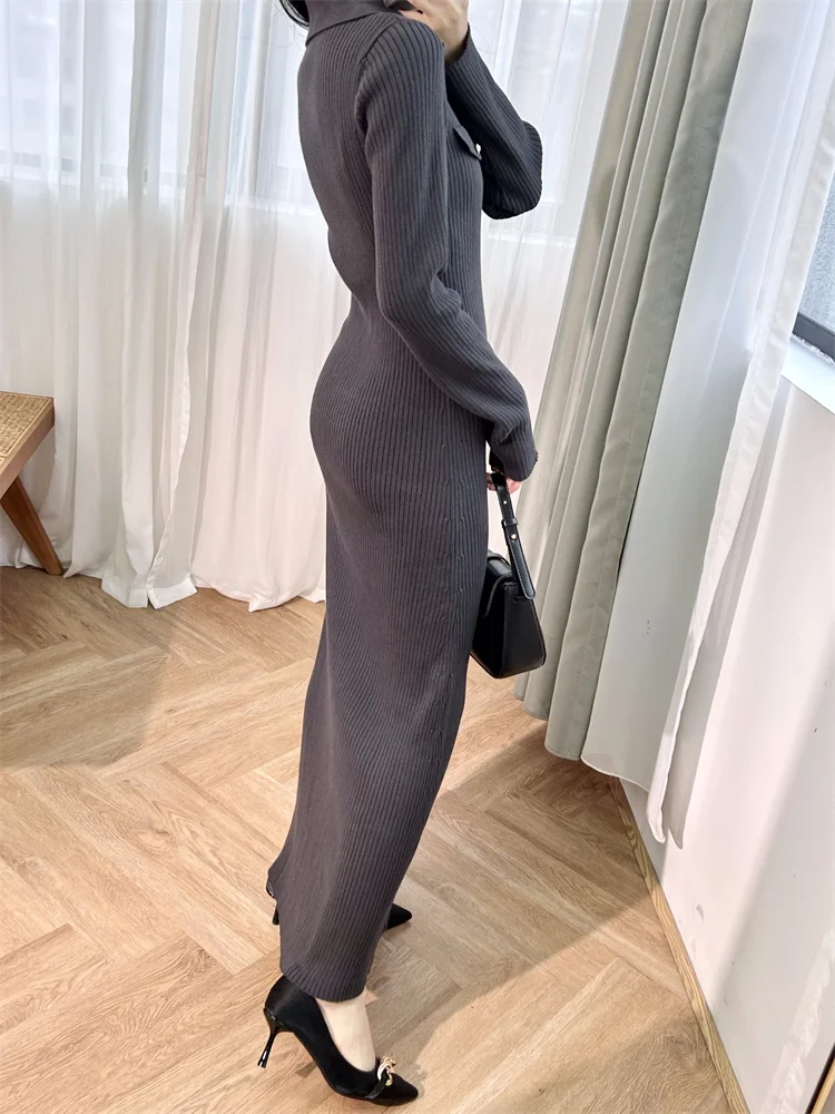 Women's Knitted Slim Fit Long Dress, Buttons Fastening, Turn-down Collar, A-Line, Elegant Style, High Street, Chic, Fashionable