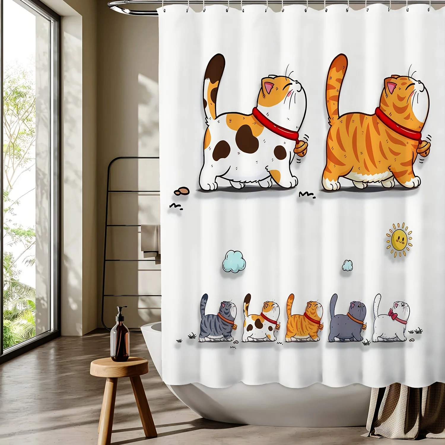 

"Очаровательная занавеска для душа с мультяшными кошками и забавными узорами, водонепроницаемая и устойчивая к плесени для декора детской ванной комнаты"