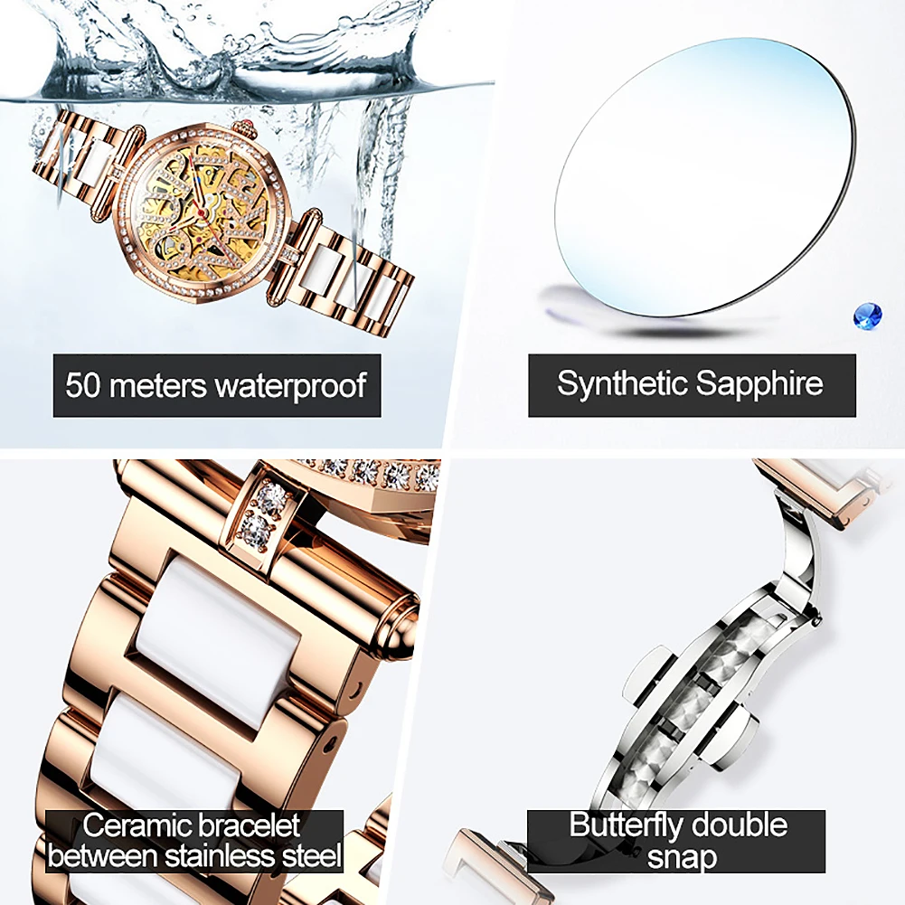 OUPINKE 3175 Elegant Luxury Skeleton Women Watch Mechanical Wristwatch Waterproof Ladies Watch Bracelet Set  Lady's Gift Reloj