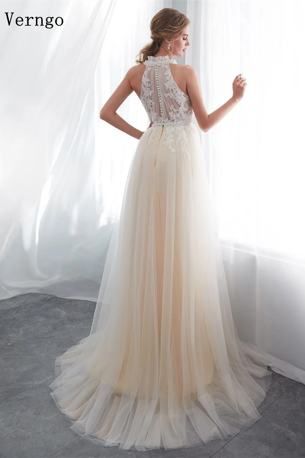 Verngo lvory Tulle Appliques Wedding Dresses Halter A Line Bridal Gowns Elegant Pearls Maxi Bride Dresses Customized