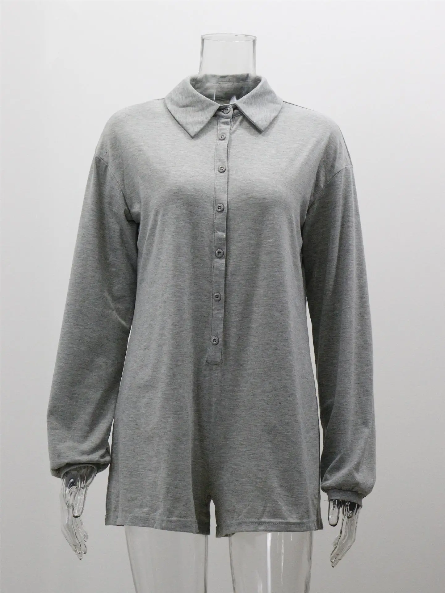 Женский однобортный комбинезон с воротником-поло и длинными рукавами, свободный повседневный удобный однотонный комбинезон, шорты