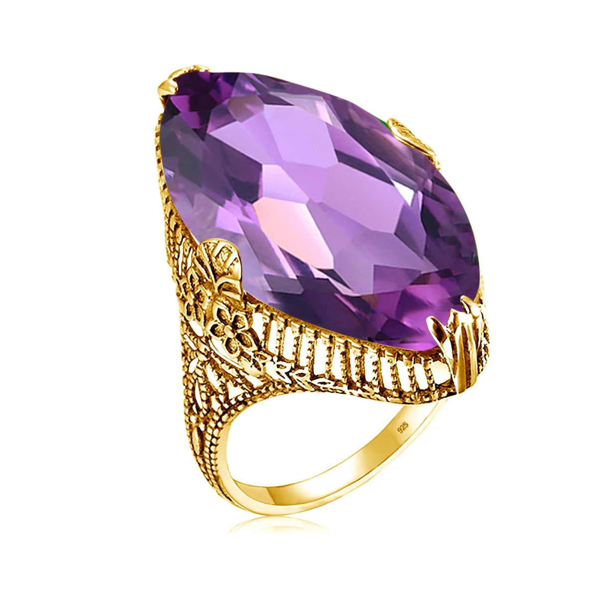 Marquise Stone Amethyst Ring 925 Antique Silver For Women Trend Luxury Party Jewelry Birthstone Gems Unique Handmade Gift