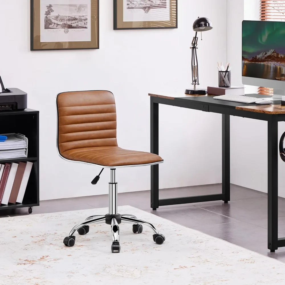 Low Back PU Leather Ribbed Armless Office Chair, Ergonomic Swivel Computer Task Chair with Wheels for Office, Home