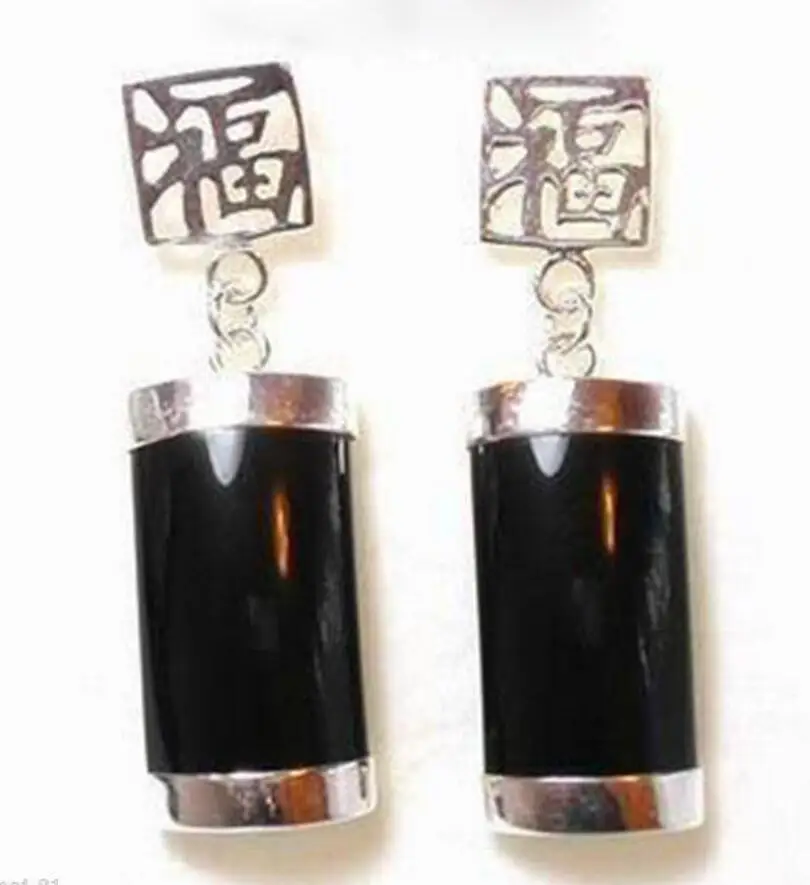 

NEW PAIR NATURAL BLACK 925 STERLING FORTUNE LUCKY EARRINGS