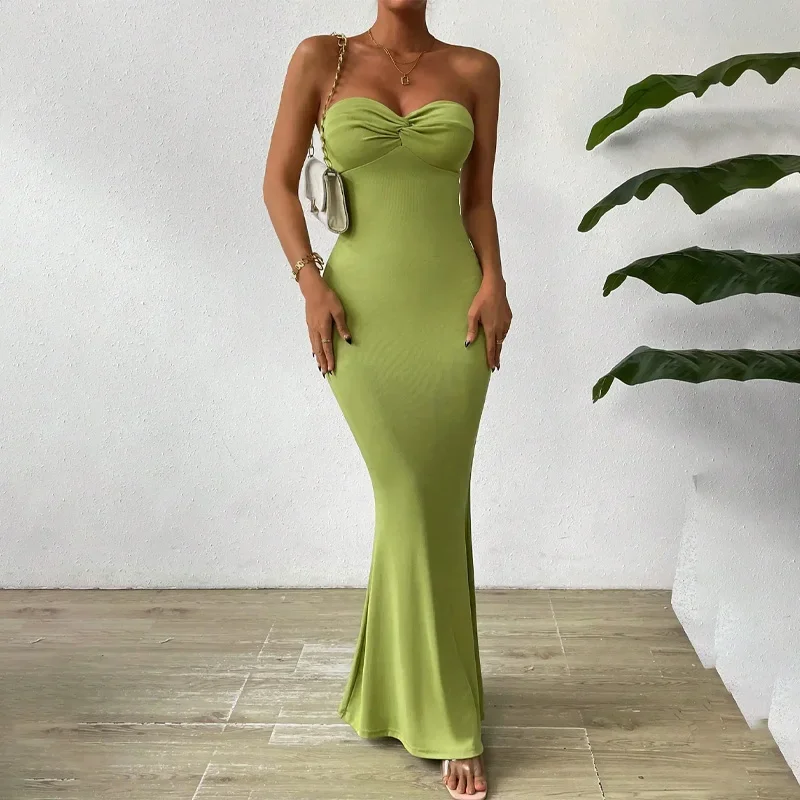 

YEAE Twist Front Tube Dress Wrap Backless Long Women's Dress Slim Sleeveless Sheath Tie Adjustable Sexy Summer Dresses 2024 New