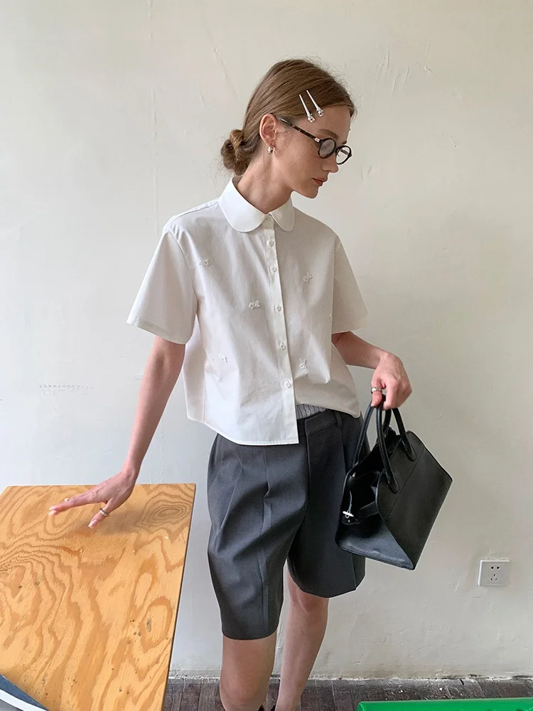 

Женская летняя дышащая блузка Taco Studios из чистого хлопка с цветочным узором ручной работы, воротником Питер Пэн и коротким рукавом