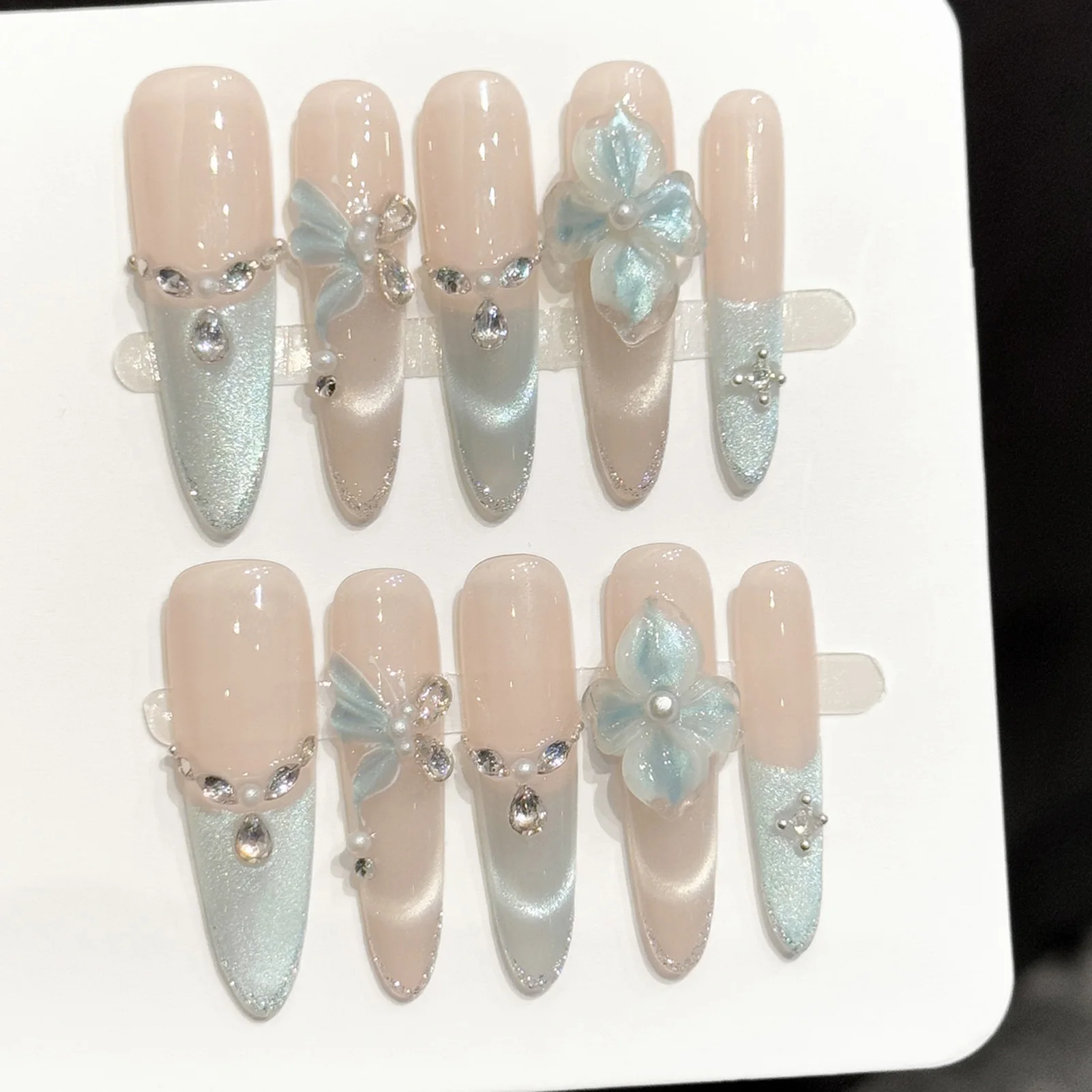 

Handmade Press On Nails 10pcs Ice Blue Cat's Eye False Nails With 3D Flash Flower Butterfly Decor Fashion Long French Almond Tip