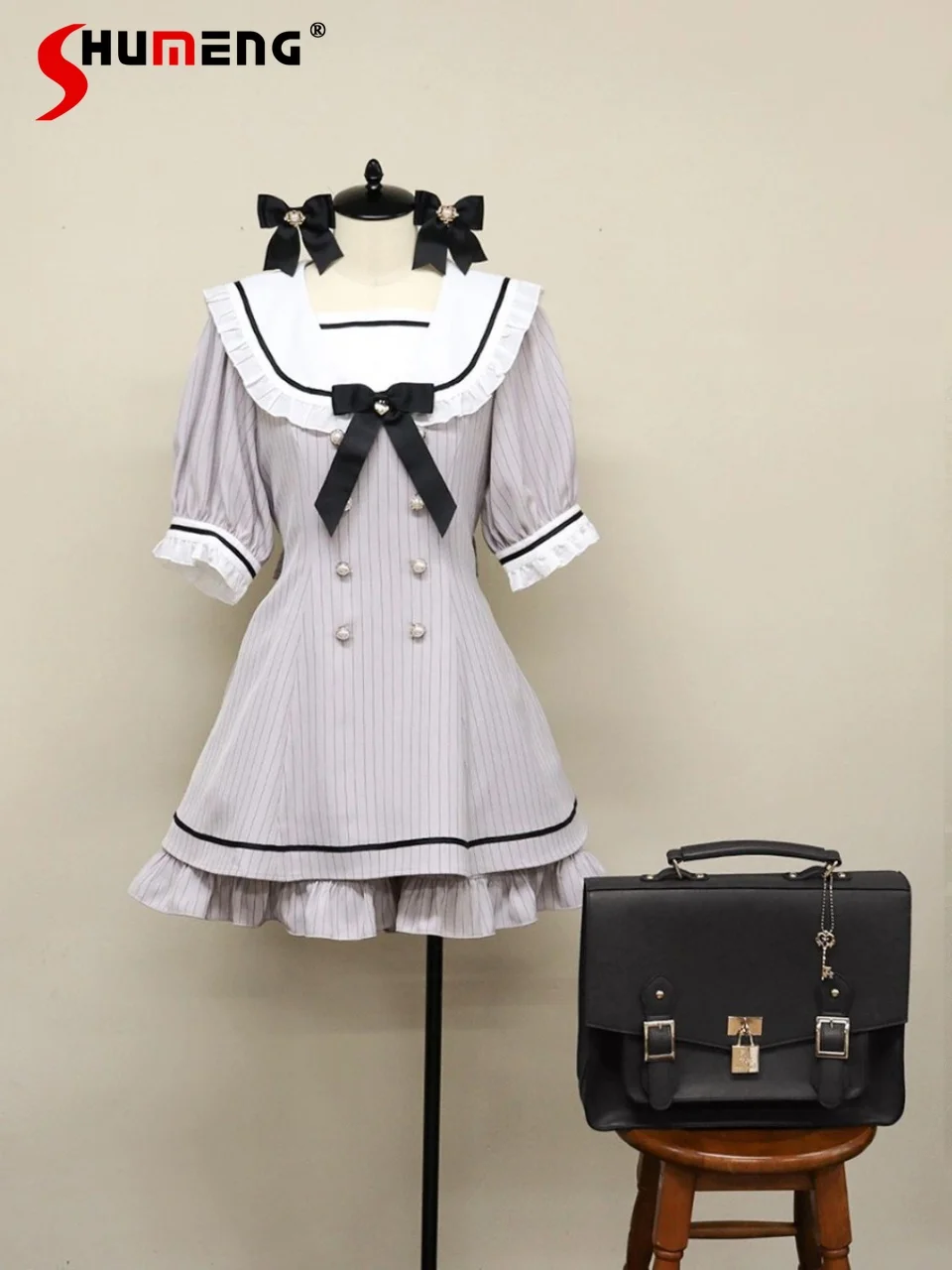 

Japanese Mine Style Sailor Collar Puff Sleeve Ruffles Bow Striped Slim Fit Top Elastic High Waist Shorts Two-Piece Set for Women