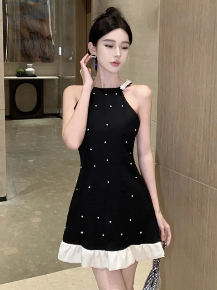 

Women New Summer Mini Short Dress Sleeveless Beading Solid Black Slim Fit Vestidos Korea Fashion Design Patchwork Evening Party