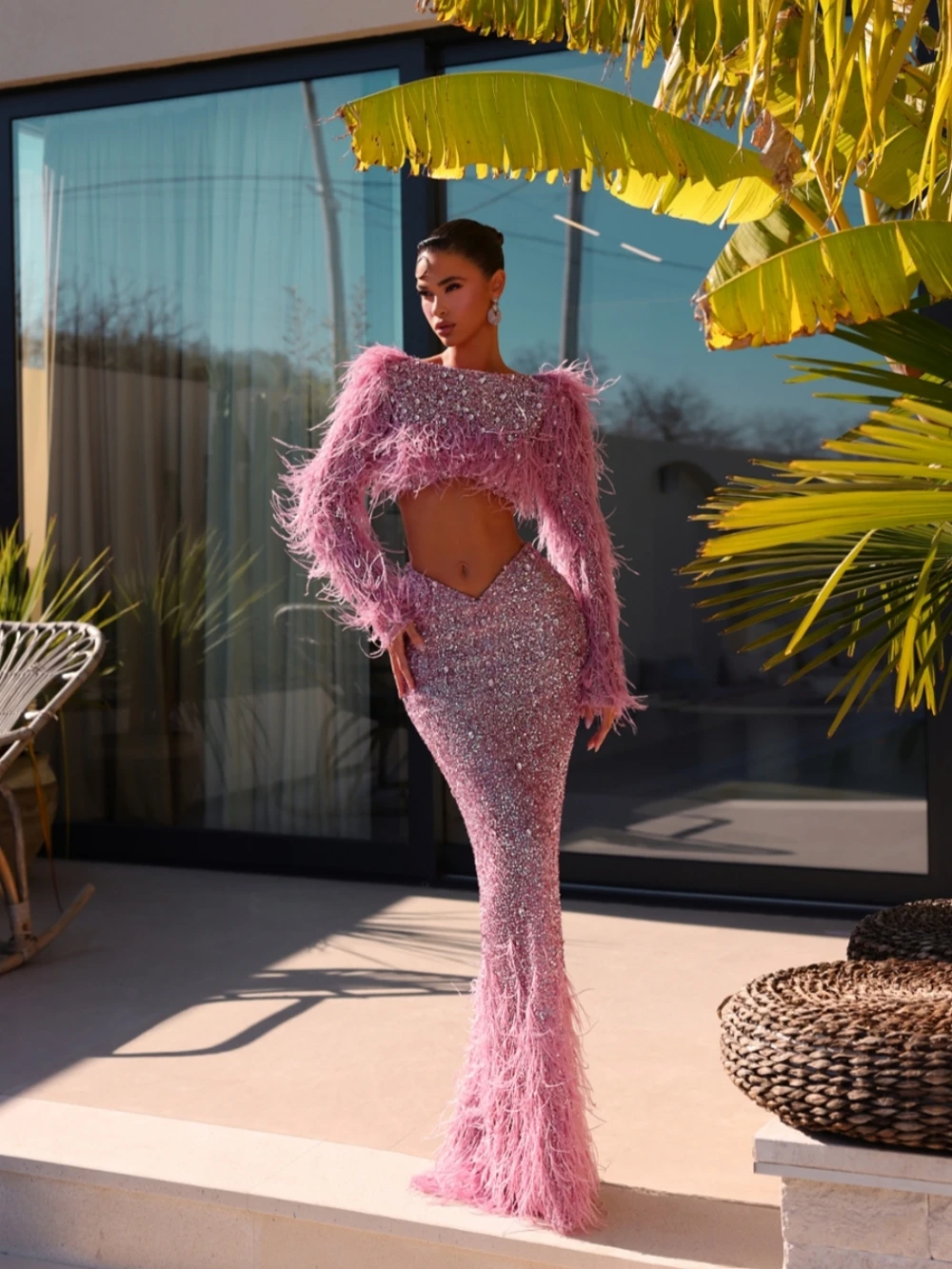 Duas peças roxo luxo cristal vestido de noite sonhador lantejoulas penas vestido de festa de casamento personalizado em linha reta longo vestidos de baile