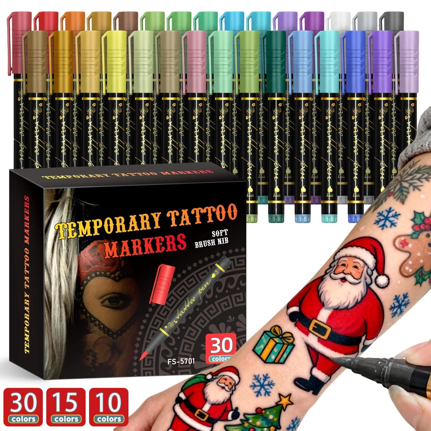

Temporary Tattoo Pen Set, Available in 10/15/30 Colors, Soft Tip Brush Pen, Quick-Drying and Waterproof, Makeup-Grade Color Payoff, Easy to Use with Tattoo Stencils, Can Be Easily Washed Off with Soap and Warm Water, Portable Paper Box Packaging, Suitable