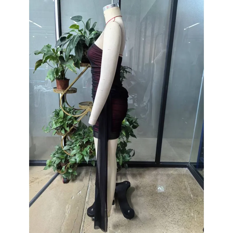 Ärmelloses, trägerloses, bodenlanges Kleid aus Mesh für Damen, gerafftes, figurbetontes Minikleid mit seitlichem, langem Chiffonband für Club- und Abendgarderobe – Detail 8