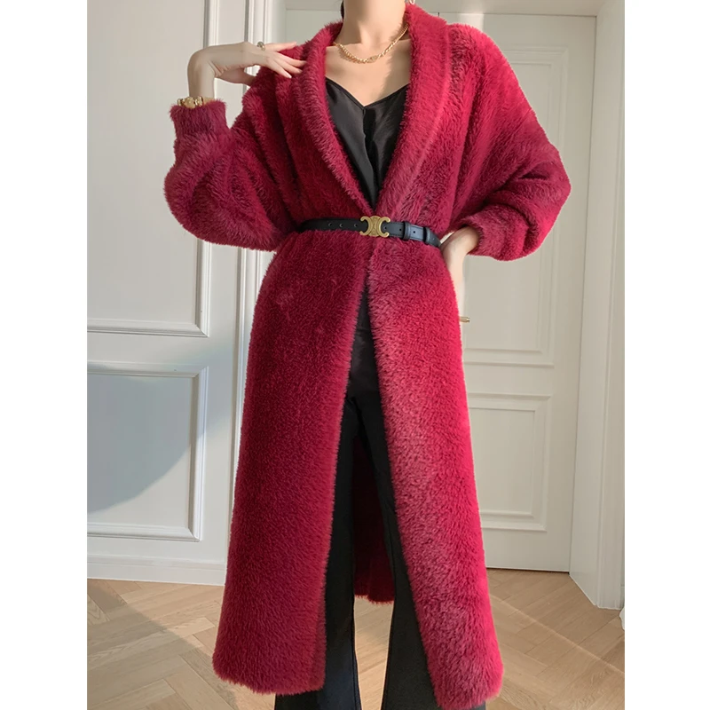 

High End Thickened Knitting Sweater women's Coat Imitation Mink Wool Medium Long Red Elegant Cardigan Loose, Thick and Warm