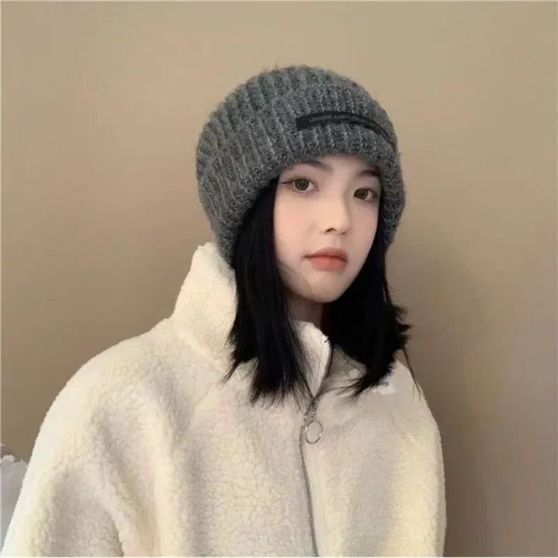 Women Fluffy Hat Winter Solid Color Cute Thickened Fashion Ear Warm Beanie Loose Sweet Knit Cap for Women Autumn Winter Warm