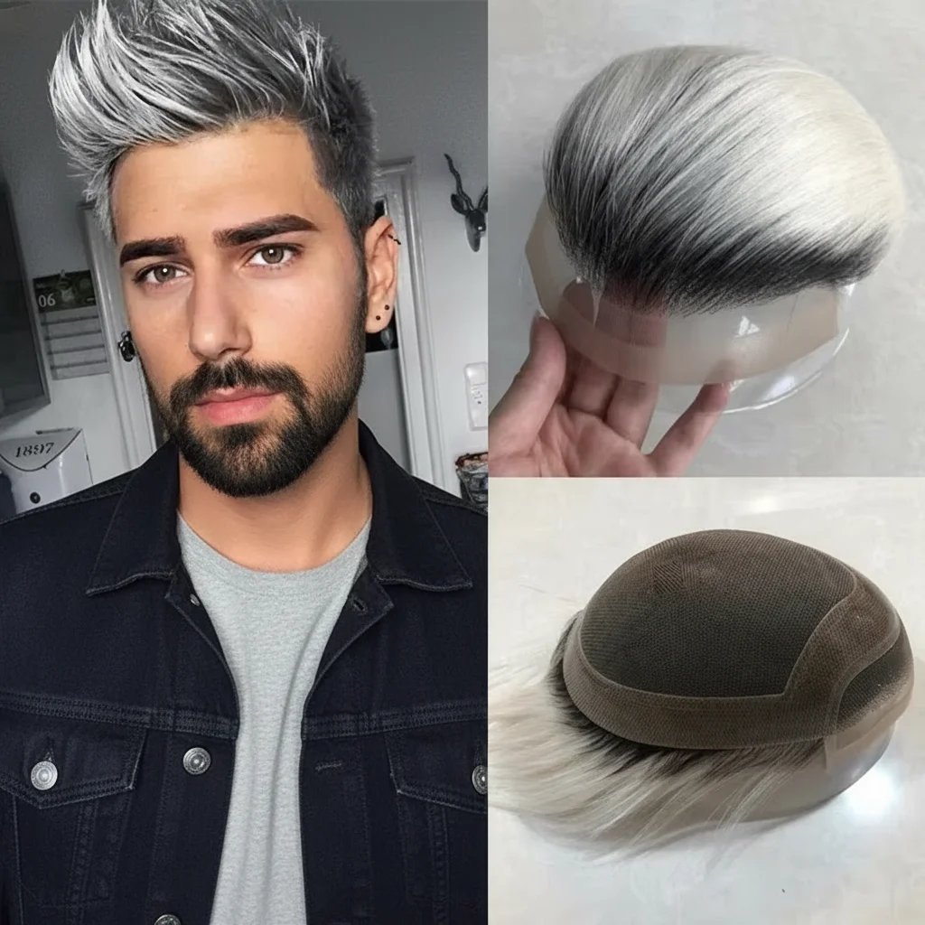 

Men Toupee 100% Human Hair Mono Base Lace With PU Gray Blending For Mature Men Colors 1B20 1B60 1B80 Men Wig
