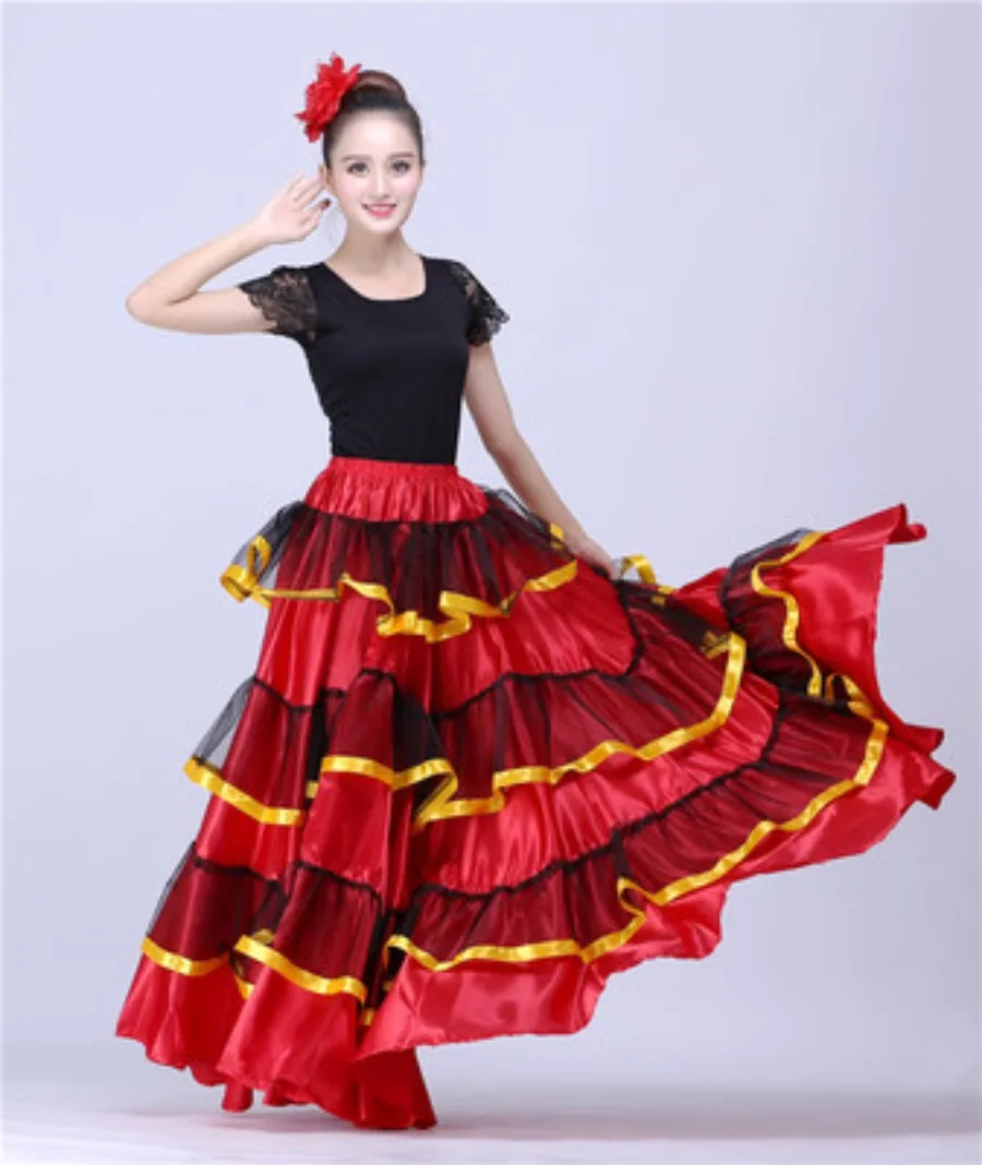 Girls Dance Costumes Red Black Satin Solid Spanish Flamenco Dress Lace Up Ballroom Dance Performance Party Female Long Skirt