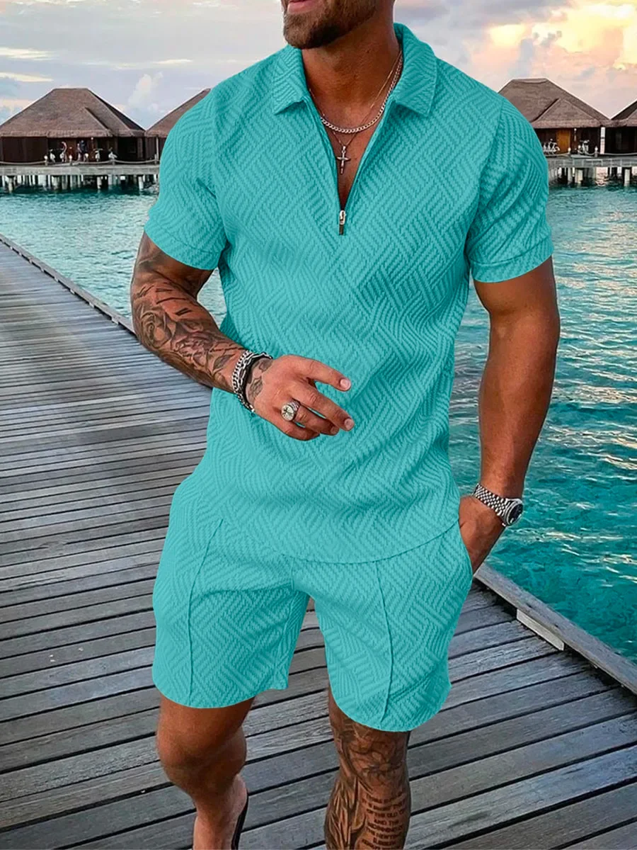 Summer Fashion Men 3D Printed Solid Color Polo Shirt And Shorts 2pcs Sets Zipper Tracksuit Set Oversized T-shirt Suits Clothing