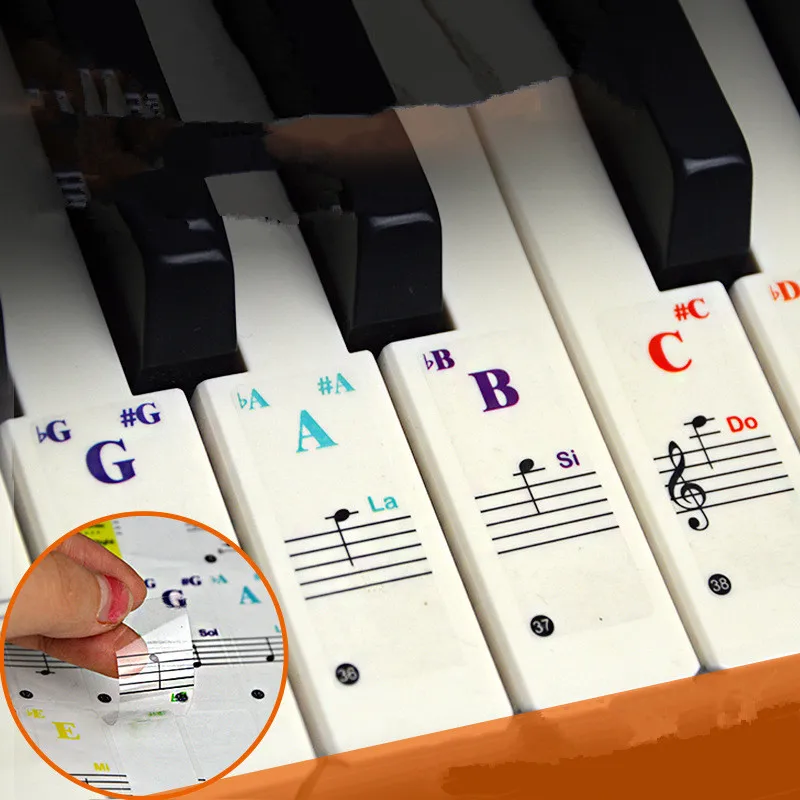 Pegatinas de Teclado de Piano transparentes de 49/54/61/88 colores, teclado electrónico, tecla de Piano, pegatina de nota, símbolo para teclas