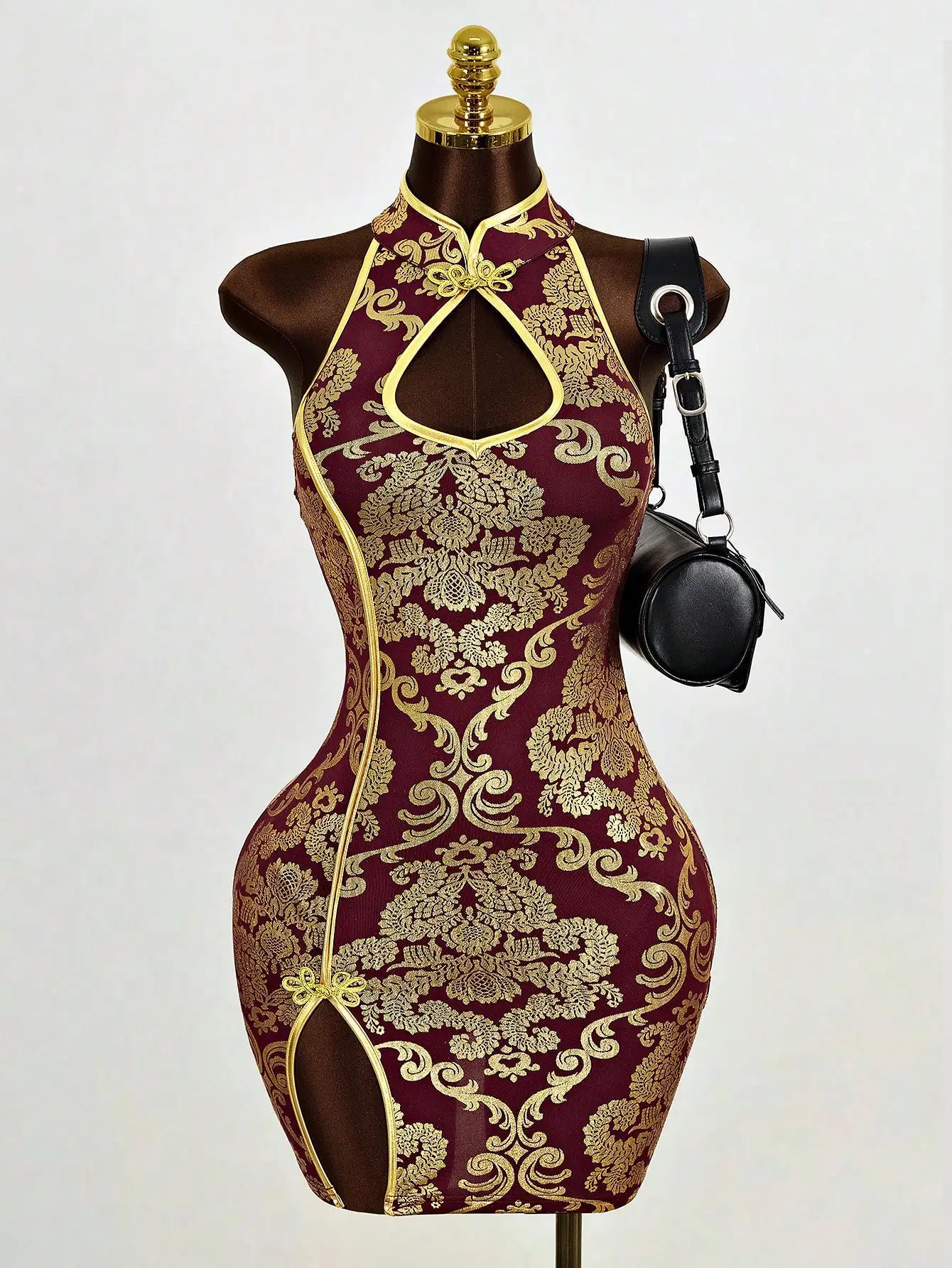 

Burgundy Gold Floral Embroidered Halter Neck Mini Dress with Side Slit