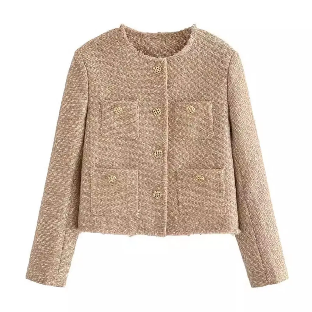 

Women's European And American Style Loose Long-Sleeved Jacket with Metal Buttons And Pockets Spring Autumn Slub Short Coat