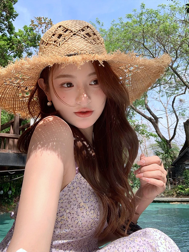 Ladies Summer 2026 New Style Hollow out Laffey Straw Hat Beach Sandals Sun Protection Large Brim Casual round Top Cap