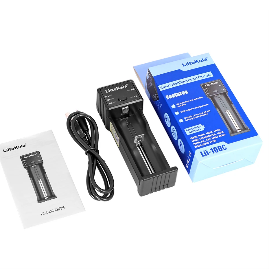 LiitoKala Lii-100C 21700 Rechargeable Battery Charger For 3.7V 18650 18350 26650 1.2V AA AAA Ni-MH C 2A Fast Charge USB Output