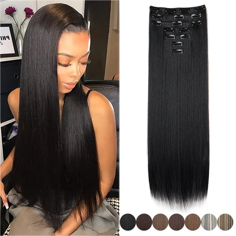 16 clips Synthetic Long Straight Hair Extensions Clips in Hair Black Brown 7Pcs/set Hairpiece for Women