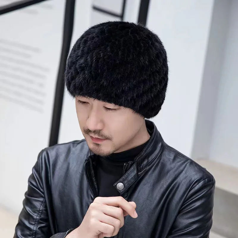 Winter Men Mink Fur Hats Natural Real Fur Knitted Cap Fashionable Fluffy Grandfather Genuine Fur Beanie Female Black Fur Caps